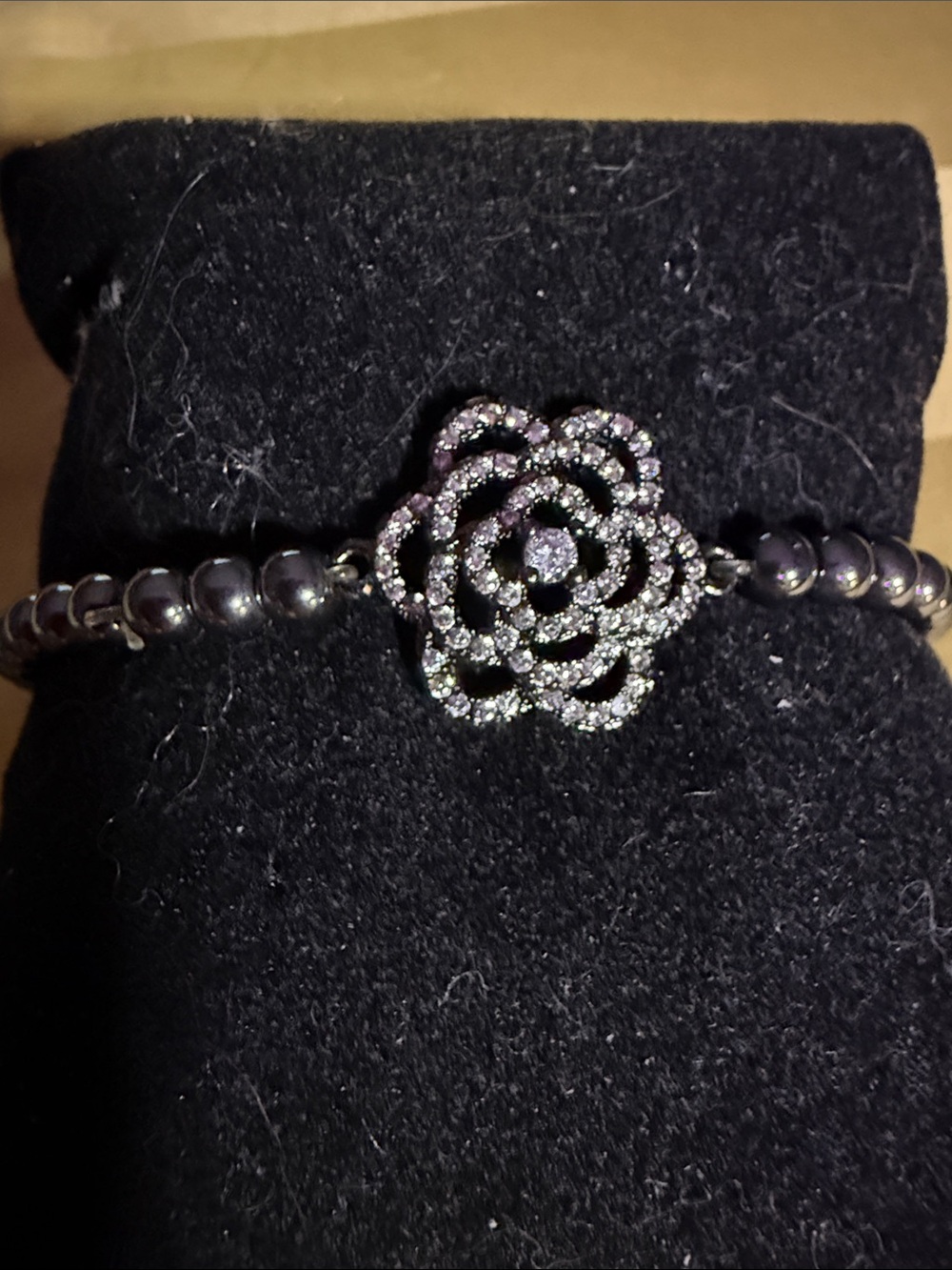 Hematite and Crystal Flower Bead Bracelet - Black